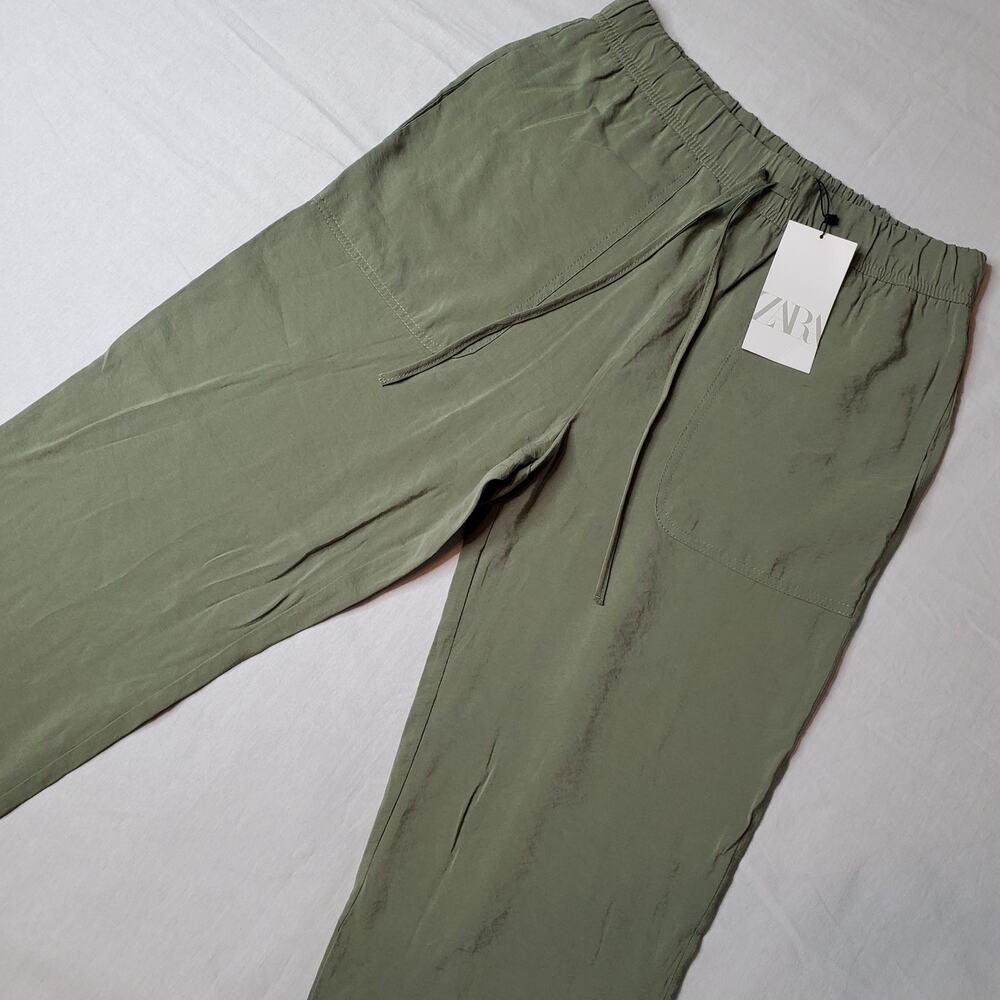 Zara Women's Size S NWT Straight Lightweight Pants Drawstring Modal Blend Green